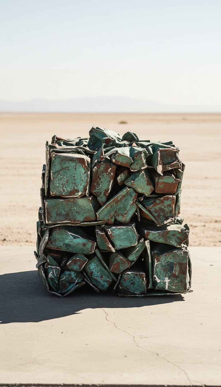 A rugged, richly-textured stack of weathered copper and aluminum scrap metal pieces, oxidized with green-blue patina and flecks of industrial rust, arranged with sharp, angular edges and raw surfaces. The pile sits on a minimalist, sun-bleached concrete slab, with a vast, uncluttered desert background fading to soft beige. Harsh, directional Arizona sunlight beams down from camera left, casting crisp, dramatic shadows that emphasize every crease and edge of the metals. The mood is bold and energetic, evoking the unforgiving spirit of desert recycling. Shot head-on at eye level with perfect focus and a shallow depth of field, isolating the stack against the sunlit void. The photographic realism and minimalist aesthetic capture both the power of recycling and the vibrant essence of the Southwest.