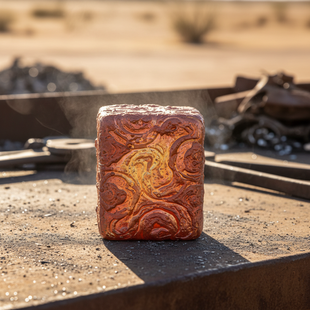 A gleaming, freshly-melted ingot of recycled copper with swirling, molten textures and glimmering reddish-gold hues, its surface etched with ripples and flecks from the casting process. The ingot is placed atop a coarse, gritty workbench in the open air, surrounded by scattered metal filings and minimalist hints of industrial tools softened by blur. High-contrast midday desert sunlight rakes in from the side, casting crisp, defined shadows and causing radiant highlights to burst across the metal's surface. The mood is intense and industrious, the composition centered with the ingot dominating the frame and crisp focus separating it from a barely-there sandy background. The photographic, modern style amplifies a sense of transformation and energy central to metal recycling.